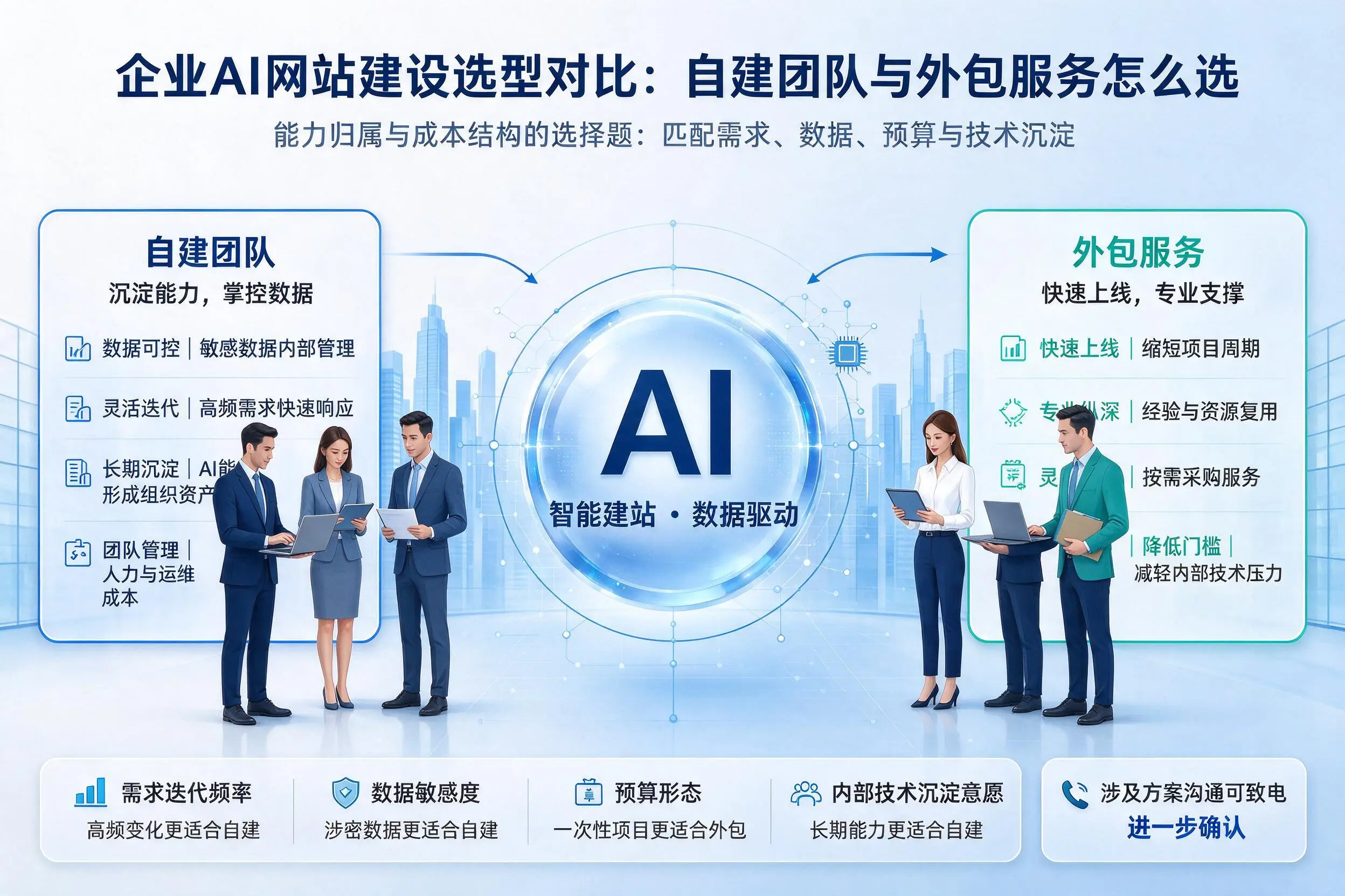 淮南企业AI网站建设选型对比：自建团队与外包服务怎么选